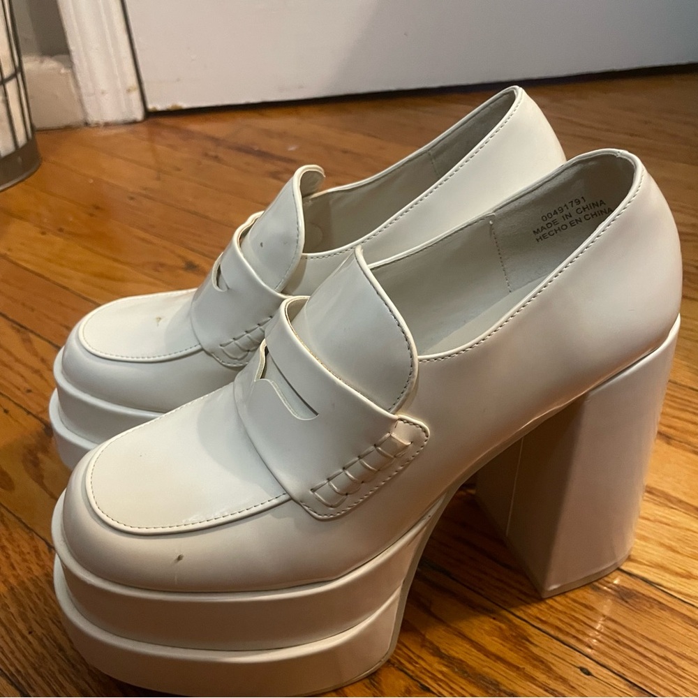 Chunky Platform Loafer Heels - White